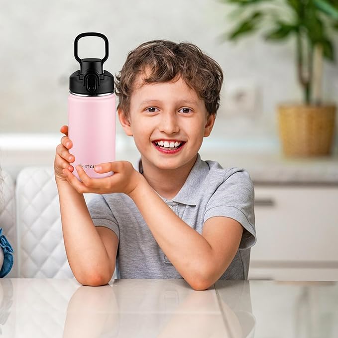 Kids Insulated Water Bottle with Straw,14oz Stainless Steel Water Bottle,BPA-free and Leak-proof,Double Wall Vacuum Water Flask for School,Gifts for Boys and Girls（14oz,Pink）