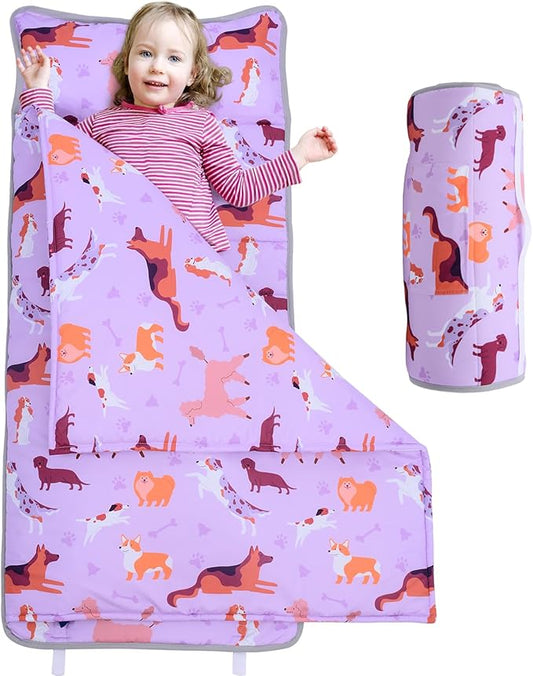 UOMNY Toddler Nap Mat Girls Kids Nap Mats with Removable Pillow and Blanket,Dogs Toddler Sleeping Bag for Preschool Daycare Pink for Dog Lovers 53x21 Inch