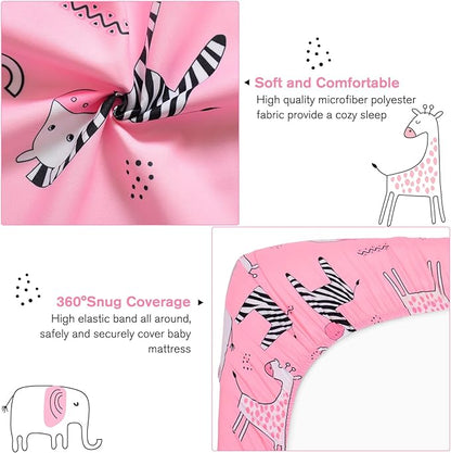 JISEN Baby Crib Sheets Soft Breathable Pink Fitted Crib Sheets Baby Sheet for Standard Crib and Toddler Mattress Baby Bed Sheets for Crib for Baby Boys Girls Neutral 52x28 Inch Elephant