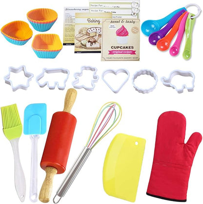 Real Baking Set Pastry Cooking Kit Supplies Includes Apron,Chef Hat,Oven Mitt,Rolling Pin,Real Baking Tools and Recipes Great Gift for Curious Beginners