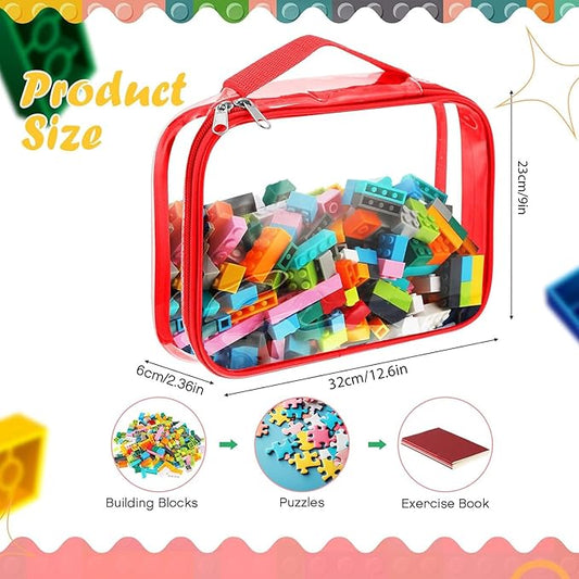Sanwuta 3 Packs Toy Storage Bags with Zipper, Clear PVC Organizing Bags, Waterproof Toy Bags for Board Games, Building Blocks, Toys and Kids Books (Red, Blue, Orange,12.6 x 9 x 2.36 Inch)