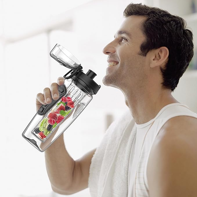 Fruit Infuser Water Bottle 32oz- Durable, Large - BPA Free Tritan, Flip Lid, Leak Proof Design - Sports, Camping