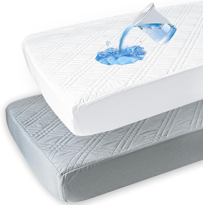 Waterproof Crib Mattress Protector 2 Pack, Ultra Soft Breathable Crib Mattress Pad Cover for Boys Girls Neutral, Fit Standard Crib Mattress and Toddler Mattresses, White & Grey