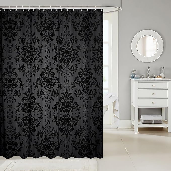 Feelyou Black Damask Shower Curtain 72"x72" Kids Vintage Floral Bathroom Shower Curtain Set for Boys Girls Teens Antique Victorian Baroque Bath Curtain Gothic Bone Skeleton Bathroom Accessories