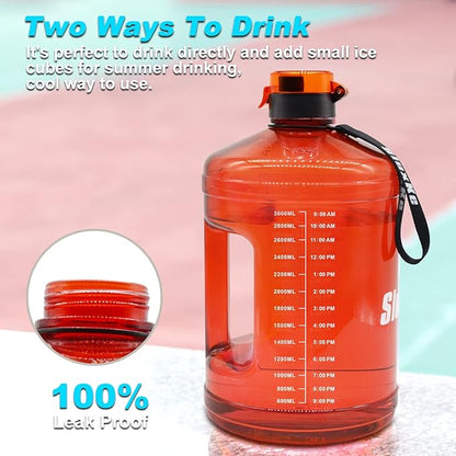 Gallon Big Water Bottle with Handle, 128oz Leakproof BPA Free Fitness Sports Water Bottle with Motivational Time Marker & Wide Mouth Ensure You Drink More Water