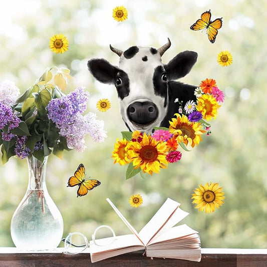 Farm Animal Wall Decals Funny Cow Sunflower Butterfly Wall Sticker Window Clings Peel and Stick Removable Self-Adhesive Wall Art Mural Bedroom Classroom Living Room Window Glass Decoration