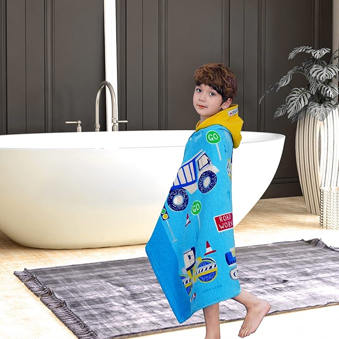 VOOVA & MOVAS Kids Towels Age 3-10, Soft | Thick | 100% Cotton, Large Absorbent Beach, Bath, Pool, Swim Towels | Cover up for Boys | Excavator Vehicle