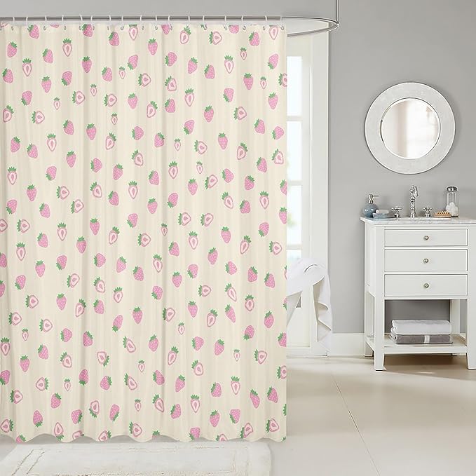 Feelyou Strawberry Fabric Shower Curtain Ivory White Shower Curtain for Kids Boys Girls Kawaii Fruit Bathroom Waterproof Accessories with 12 Hooks Cute Curtains,72x84 Inches