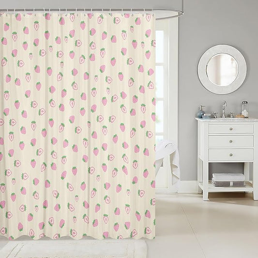 Feelyou Strawberry Fabric Shower Curtain Ivory White Shower Curtain for Kids Boys Girls Kawaii Fruit Bathroom Waterproof Accessories with 12 Hooks Cute Curtains,72x84 Inches