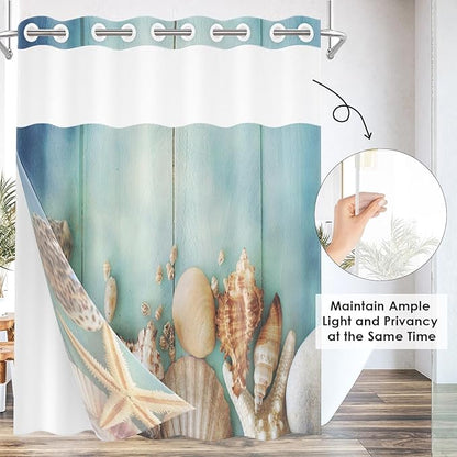 Sea Beach Green No Hook Shower Curtain with Snap in Liner, Shellfish Starfish Summer Bath Curtain with Double Layers Waterproof Fabric and Mesh Top Window 71x74 Inch