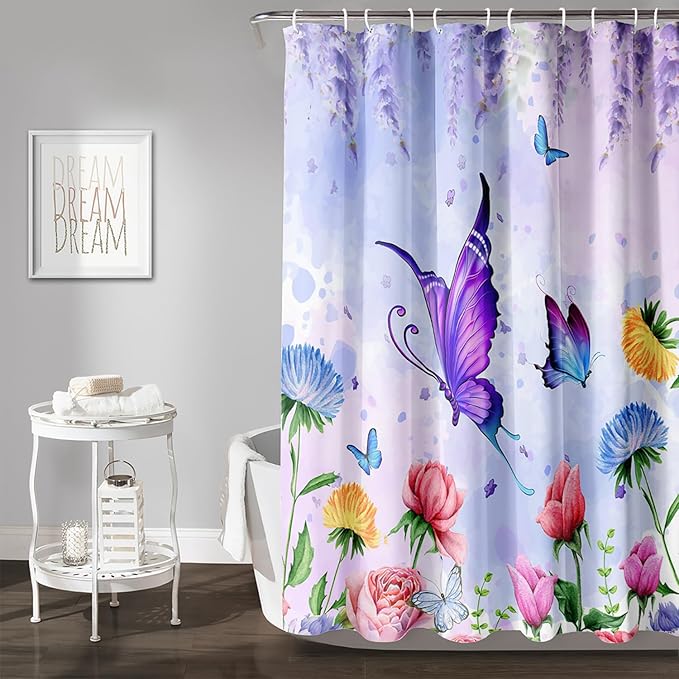 AILONEN Girls Butterfly Shower Curtain for Bathroom,Colorful Floral Flower Purple Watercolor Butterfly Printed Bath Curtain 48" W*72" H Polyester Fabric Waterproof Bathroom Curtain with 12 Hooks