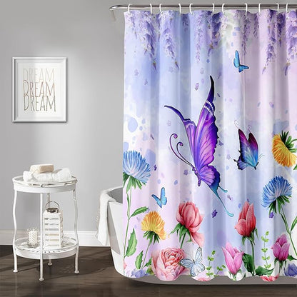 AILONEN Girls Butterfly Shower Curtain for Bathroom,Colorful Floral Flower Purple Watercolor Butterfly Printed Bath Curtain 48" W*72" H Polyester Fabric Waterproof Bathroom Curtain with 12 Hooks
