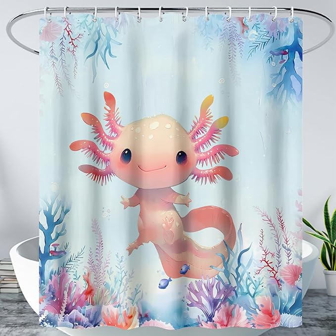AILONEN Axolotl Shower Curtain for Bathroom,Watercolor Axolotl Coral Bath Curtain for Kids Girls,Ocean Animal Salamander Blue Shower Curtain Decoration Waterproof with 12 Plastic Hooks, 48" W*72" H