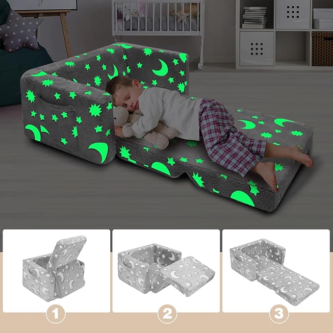 Toddler Chair, Toddler Couch, Kids Couch, Fold Out Kids Sofa Chair, Toddler Convertible Sofa to Lounger Pull Out Couch, Glow in The Dark Sofa Chair for Boys and Girls Large (Grey)…