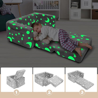 Toddler Chair, Toddler Couch, Kids Couch, Fold Out Kids Sofa Chair, Toddler Convertible Sofa to Lounger Pull Out Couch, Glow in The Dark Sofa Chair for Boys and Girls Large (Grey)…