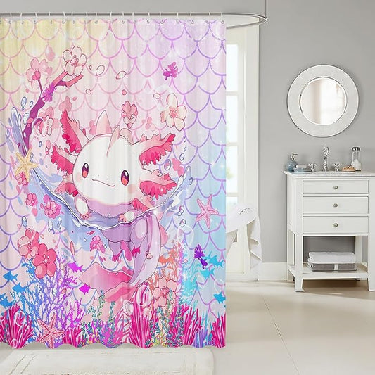Feelyou Boys Girls Cute Axolotl Bathroom Shower Curtain Set Ocean Sealife Bath Curtain Kawaii Shower Curtain Kids Cartoon Salamander Teens Bathroom Accessories Room Decor 72"x84"