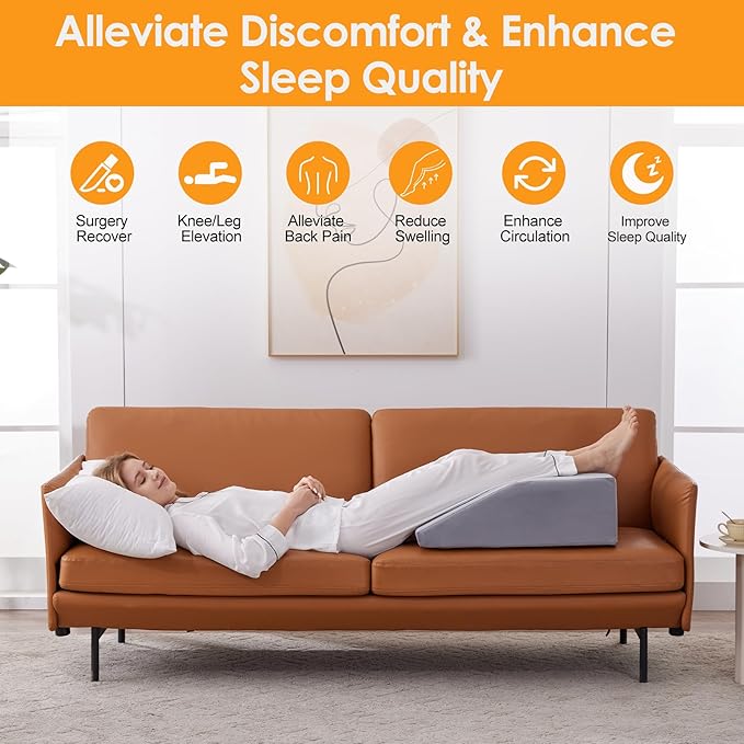 Leg Elevation Pillows for Sleeping, Memory Foam Wedge Pillow for Legs, Knee Wedge Pillow for After Surgery, Swelling, Back Pain and Circulation, Non-Slip Bottom, Removable Cover (8 Inch)