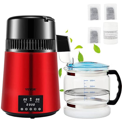 VEVOR 1.1Gal Water Distiller, 0.3Gal/H, Distilled Water Maker Machine 750W 0-99H Timing Dual Temp Display, 304 Stainless Steel Countertop Distiller Glass Carafe Cleaning Powder 3 Carbon Packs, Red
