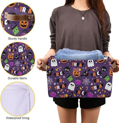 Happy Halloween Purple Storage Basket Fabric Kitchen Baskets Pumpkin Skull Ghost Bat Trick or Treat Open Home Storage Bins Boxes Foldable for Candy Toy Decorations Baskets 16×12×8 Inches