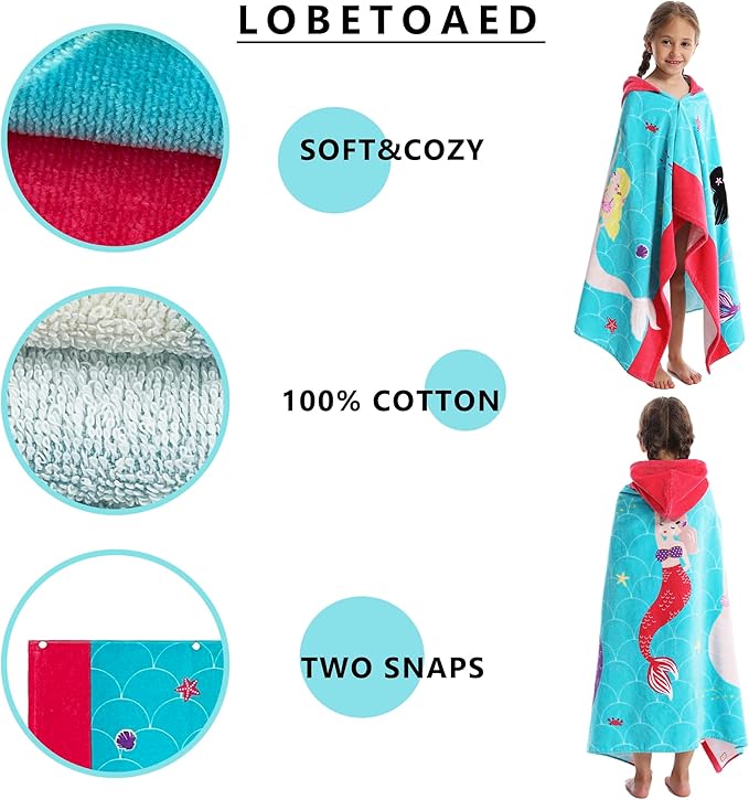 Kids Hooded Beach Bath Towel, Baby Surf Poncho Toddlers Soft Real Cotton Wrap Hooded Towels for Kids Boy Girl