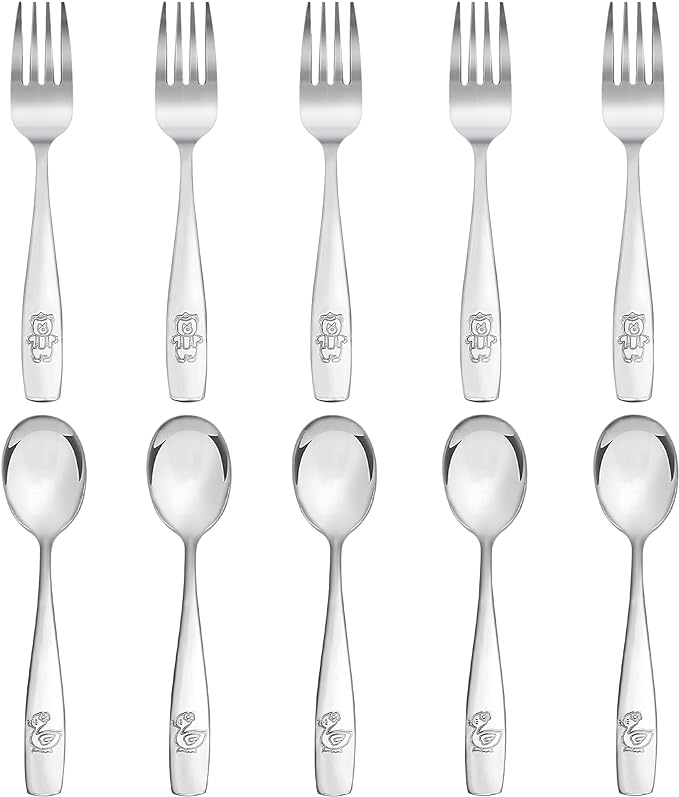 Kids Silverware Stainless Steel Set of 10 Toddler Utensils Forks and Spoons - Dishwasher Safe Kids Flatware Set Children's Safe Cutlery Set