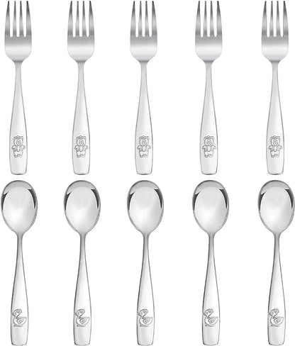 Kids Silverware Stainless Steel Set of 10 Toddler Utensils Forks and Spoons - Dishwasher Safe Kids Flatware Set Children's Safe Cutlery Set