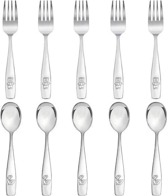 Kids Silverware Stainless Steel Set of 10 Toddler Utensils Forks and Spoons - Dishwasher Safe Kids Flatware Set Children's Safe Cutlery Set