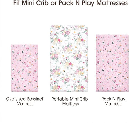 PHF Soft Mini Crib Sheet Set, 2 Pack Silky Comfy Pack N Play Sheets for Boys Girls, Universal Fit for Pack N Play, Playard and Mini Crib Mattresses, Rose Floral