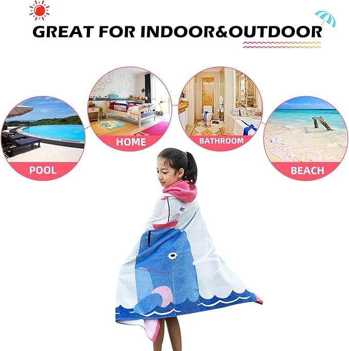 BANGSAUR Kids Hooded Pool Towels, Cotton Large Beach Bath Swiming Towel Wrap, Toddlers Girls 3-12 Years Cover Up Dolphin