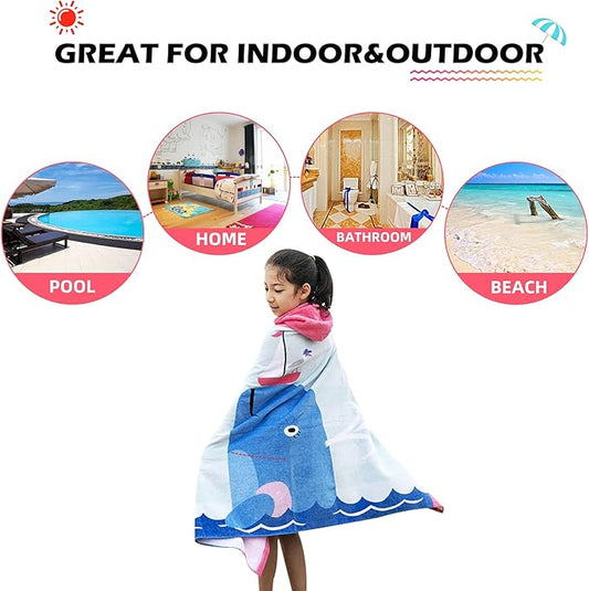 BANGSAUR Kids Hooded Pool Towels, Cotton Large Beach Bath Swiming Towel Wrap, Toddlers Girls 3-12 Years Cover Up Dolphin