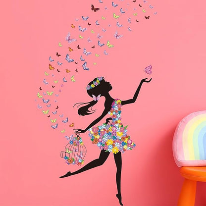 Flower Fairy Wall Decals Peel and Stick Large Princess Wall Decals for Girls Bedroom with Birdcage Pink Butterfly Wall Decor Stickers for Baby Girl Nursery Living Room Classroom (2 Sheets)