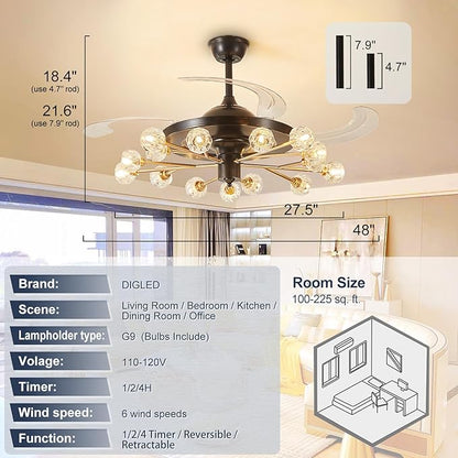 Sputnik Ceiling Fan with Light: Black Modern Chandelier with Fan for Indoor - Crystal 48" Fandelier with 15 Lights for Living Dining Room Kitchen - Retractable Ceiling Fan with Lights