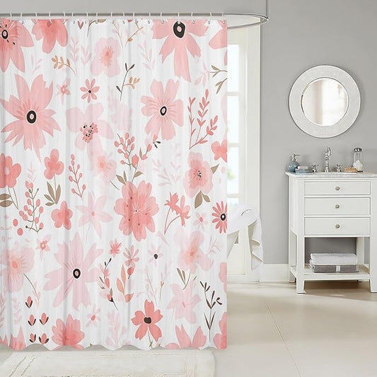 Feelyou Pink Flower Fabric Shower Curtain Floral Flower Shower Curtain for Boys Girls Flower Botanical Bathroom Waterproof Accessories with 12 Hooks Nature Plants Curtains,72x72 Inches