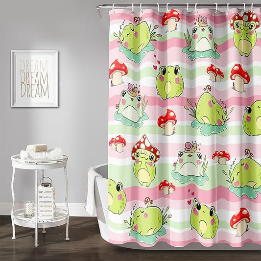 AILONEN Cute Frog Shower Curtain, Cartoon Mushroom Frog Printed Shower Curtain, 48" W*72" H Waterproof Green Wild Animals Kawaii Curtain with Grommets and 12 Hooks