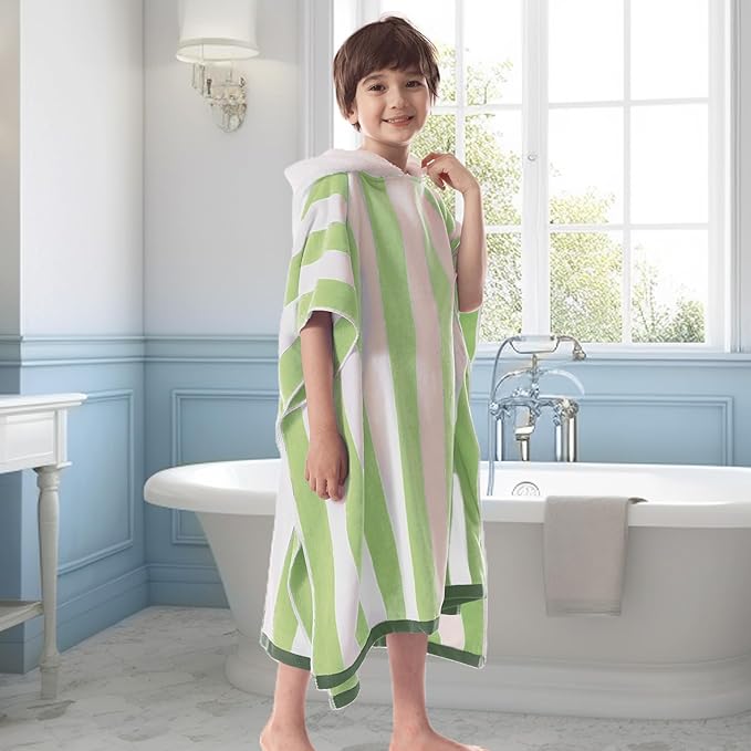 VOOVA & MOVAS Big Kids Hooded Towel Poncho | Large, Thick, Absorbent Cotton Towel Robe | 8-16Years | Versatile for Pool, Swim, and Bathroom | Sage and White Cabana Stripe