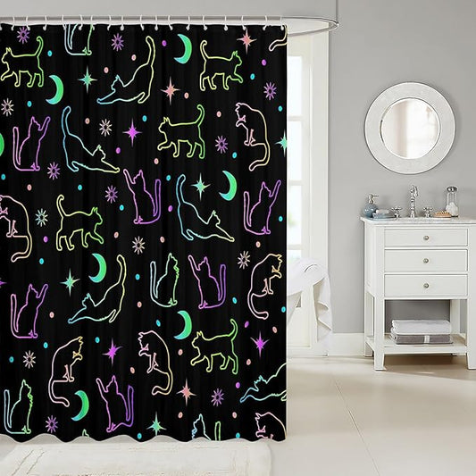 Cute Cats Silhouettes Kids Shower Curtains,Sun Moon Starry Sky Outer Space Bathroom Curtains for Girls Boys,Cartoon Pets Animals Colorful Bright Waterproof Curtains,12 Hooks Suits,72"W x 78"L
