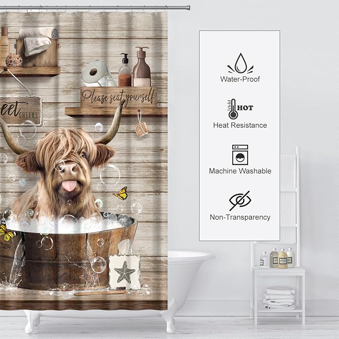 Farmhouse Highland Cow Shower Curtain Funny Western Farm Animal Bull Shower Curtains for Bathroom Decor Waterproof Polyester Fabric Country Cattle Bathroom Curtain with Hooks 55x72 Inch
