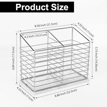 Utensil Holder for Kitchen Counter, Metal Utensil Holder Rack for Kitchen Countertop, Cooking Tools Storage for Spatula, Utensil Organizer with Sturdy Base, and Drainage Hole (Chrome Marble)
