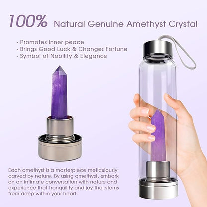 Crystal Water Bottle - Quartz Glass Water Bottle with Changeable Natural Crystal Center,Loose Natural Gem Leaf Tea Infuser Bottle, Gemstone Elixir Infused Glass Water Bottle with Sleeve Protective
