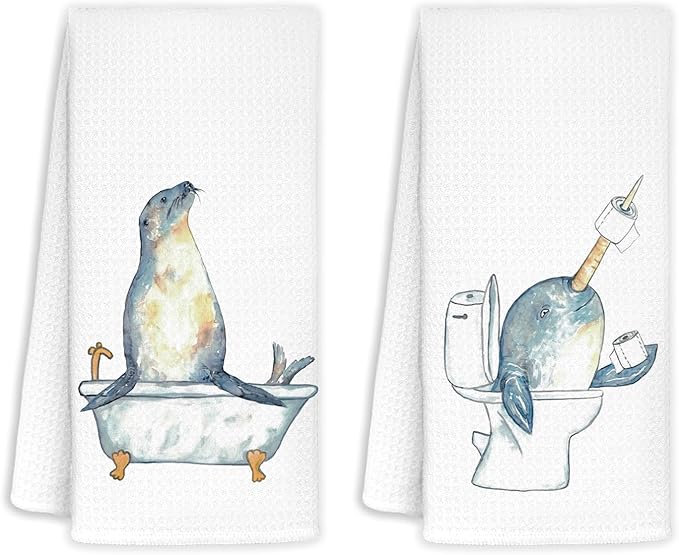 Funny narwhal sea Lion Bathroom Hand Towels Set of 2 - sea Lion Decorations, narwhal Decor, narwhal Gifts for Girls Kids Women Men, sea Lion Lovers Gifts, 16x24 in