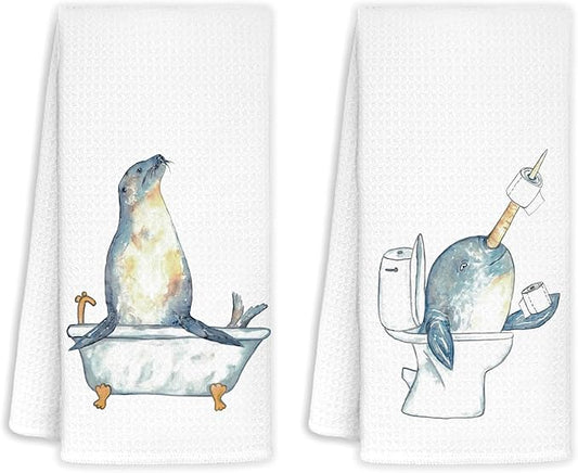 Funny narwhal sea Lion Bathroom Hand Towels Set of 2 - sea Lion Decorations, narwhal Decor, narwhal Gifts for Girls Kids Women Men, sea Lion Lovers Gifts, 16x24 in