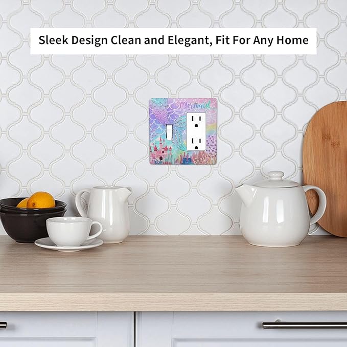 Silvery Glitter Cute Mermaid Tail Fantasy Castle 2 Gang Single Toggle Rocker Combination Light Switch Covers Wall Plate Cover Electrical Faceplate Decorative Switchplate for Kidroom Nursery Bedroom