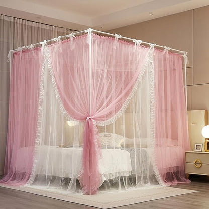 4 Corners Post Princess Curtain Bed Canopy Lace Up Double Layer 4 Opening Mosquito Net Mesh for Girls Bedroom Decoration(Pink/White, 59" W*82" L*82" H/Queen)