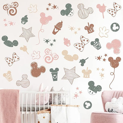 Mfault Cartoon Mouse Wall Decals Stickers, Stripes Stars Pink Polka Dot Bow Nursery Decorations Baby Girls Bedroom Art, Candy Balloon Neutral Toddlers Kids Room Playroom Decor Gifts