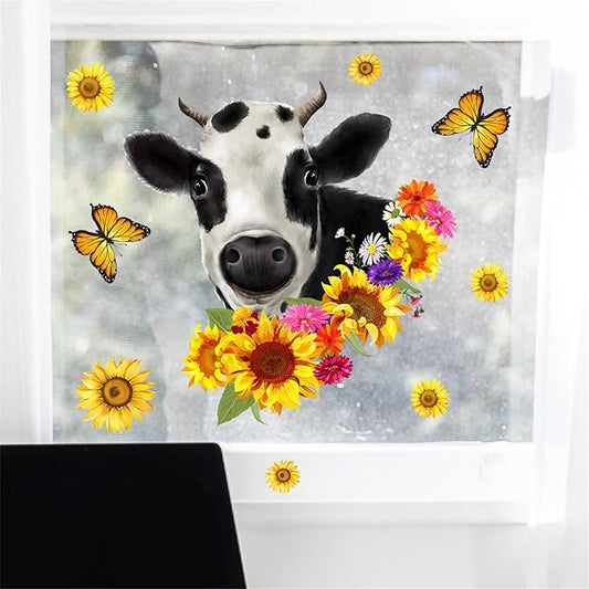 Farm Animal Wall Decals Funny Cow Sunflower Butterfly Wall Sticker Window Clings Peel and Stick Removable Self-Adhesive Wall Art Mural Bedroom Classroom Living Room Window Glass Decoration