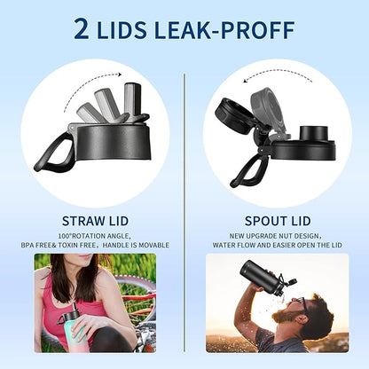 32 oz Insulated Water Bottle with Paracord Handles & Strap, 2 Lids(Straw Lid&Spout Lid), Stainless Steel Reusable Wide Mouth Metal Water Bottle With Straw, Double Walled, Thermo Mug(Black Gray)