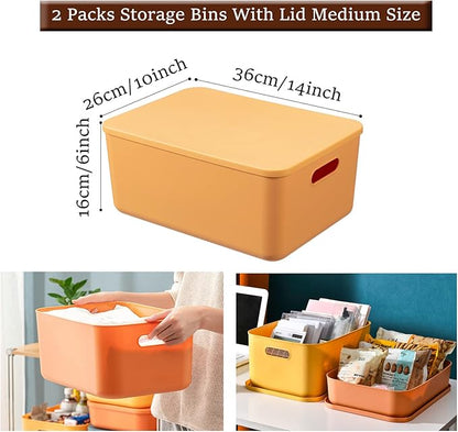 Plastic Storage Bins with Lid, Stackable Storage Containers for Organizing, Storage Baskets for Shelves Kitchen Bathroom Playroom Classroom Office (Medium (Blue+Green))