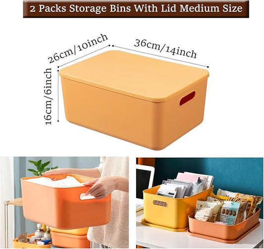 Plastic Storage Bins with Lid, Stackable Storage Containers for Organizing, Storage Baskets for Shelves Kitchen Bathroom Playroom Classroom Office (Medium (Blue+Green))
