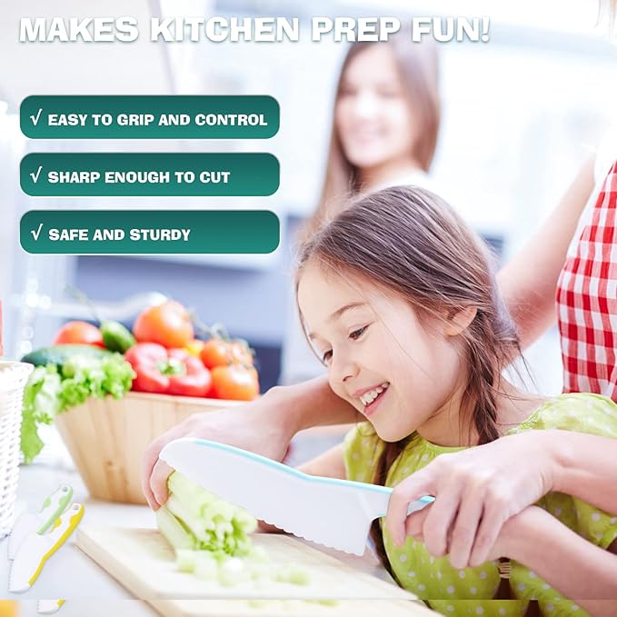 Kids Knife Set for Real Cooking, Premium 3-Piece Plastic Toddler Knife Set, Nylon Kitchen Kid Safe Knives for Cutting Fruits Veggies - Serrated Edges, 3 Sizes & Colors (Blue-Yellow-Green)