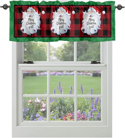 Merry Christmas Y'all Kitchen Curtains Valances for Windows Xmas Santa Claus Rod Pocket Window Treatment for Kitchen/Living Room/Bedroom/Bathroom,42" X 18" -1 Panel, Red Buffalo Plaid